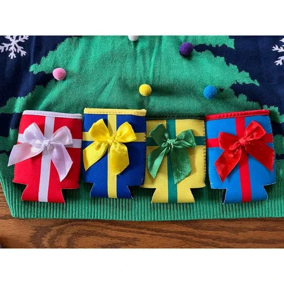 Tipsy Elves Ugly Christmas Sweater‎ Xmas Tree 4 Drink Koozies Men's Large 3D - Picture 2 of 7